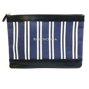 Authentic BALENCIAGA 420407 Striped logo Navy clip M Large pouch Clutch bag Navy